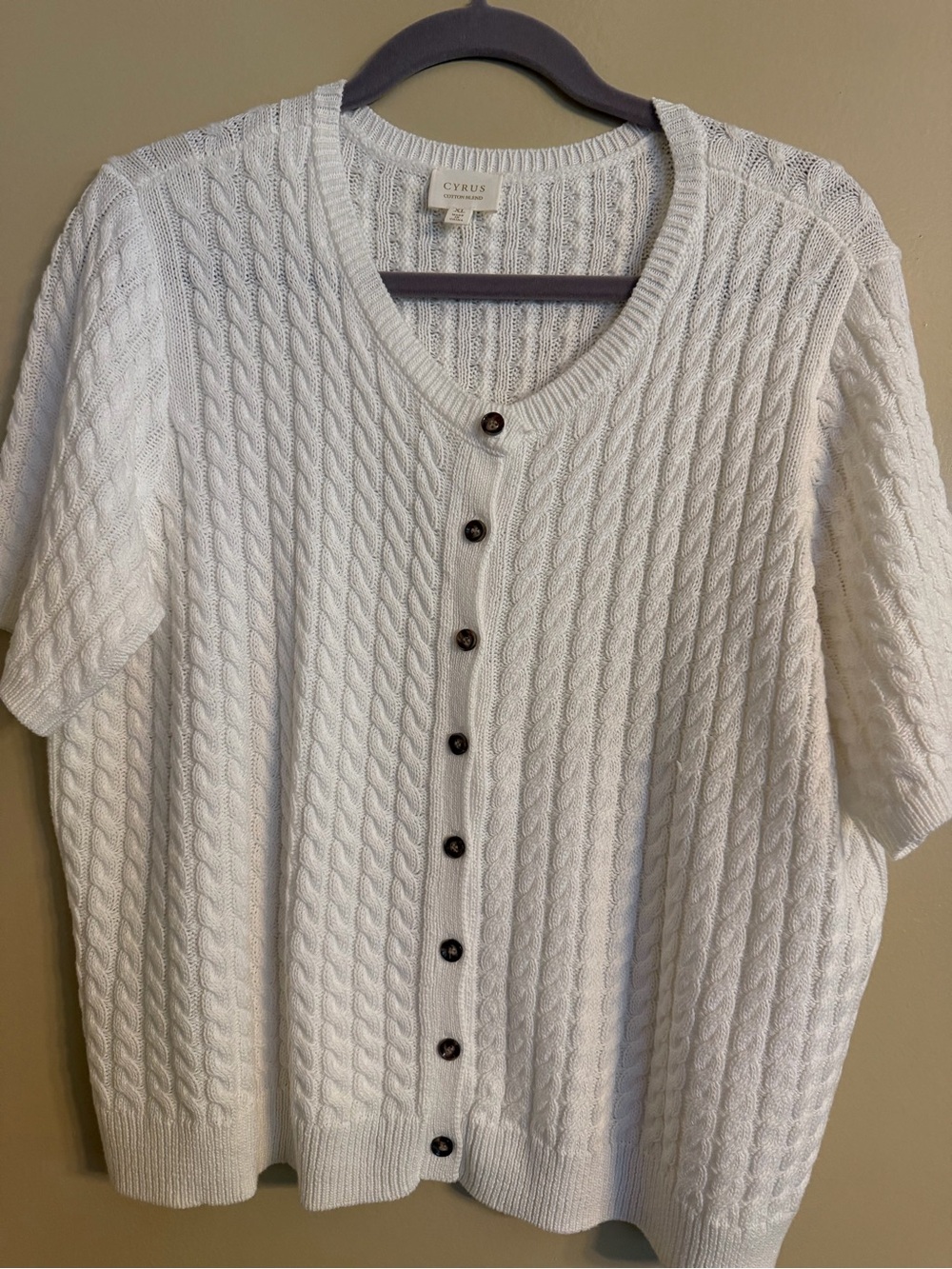 Cyrus White Cable-Knit Button Short-Sleeve Cardigan